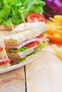 Club Sandwich with Cheese, Pickled Cucumber, Tomato and ham. Gar Royalty Free Stock Photo