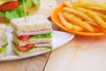 Club Sandwich with Cheese, Pickled Cucumber, Tomato and ham. Gar Royalty Free Stock Photo