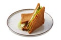 Club sandwich with chicken, cucumber, salad and cheese isolated on white Royalty Free Stock Photo