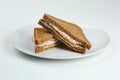 Club sandwich with chicken and tomatoes on rye bread in white plate isolated. club sandwich Royalty Free Stock Photo