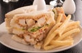 Club sandwich and french fries in a white plate. Royalty Free Stock Photo