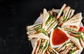 Club sandwich with ham, tomato, cucumber, cheese, and arugula Royalty Free Stock Photo