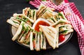 Club sandwich with ham, tomato, cucumber, cheese, and arugula Royalty Free Stock Photo