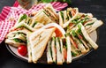 Club sandwich with ham, tomato, cucumber, cheese, and arugula Royalty Free Stock Photo