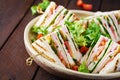 Club sandwich with ham, tomato, cucumber, cheese, and arugula Royalty Free Stock Photo