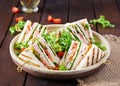 Club sandwich with ham, tomato, cucumber, cheese, and arugula Royalty Free Stock Photo