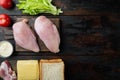 Club sandwich ingredients, on old wooden table, top view with copy space for text Royalty Free Stock Photo