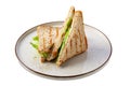 Club sandwich with salmon, cucumber, salad and cheese isolated on white Royalty Free Stock Photo