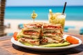 Club sandwiches in a outdoor beach restaurant food setting