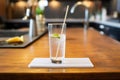 club soda glass with a cocktail stirrer on a modern bar mat