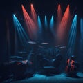 Club Stage With Musical Instruments, Drums, Guitar, Bass, Equipment, Speakers, Neon Color Lights, Generative AI Royalty Free Stock Photo