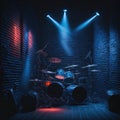 Club Stage With Musical Instruments, Drums, Guitar, Bass, Equipment, Speakers, Neon Color Lights, Generative AI Royalty Free Stock Photo