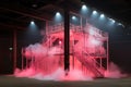 Club stage with stairs, lighting and pink smoke. Night establishment banner, holiday poster