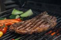 Club Steak and Grilled Vegetables Being Prepared in Josper