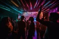 Clubbing, night out for dance and fun, silhouettes of people dancing in a nightclub. Generative AI