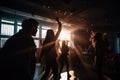 Clubbing, night out for dance and fun, silhouettes of people dancing in a nightclub. Generative AI