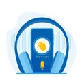 Clubhouse drop-in audio. A smartphone with a waving hand and a microphone with wireless headphones. The app trend of