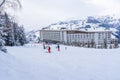 ClubMed Les Arcs Panorama, Les arcs, France - 15.02.2022 : Mountain Skiers, on the mountain slopes in the ski area near Royalty Free Stock Photo