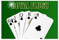 Clubs Royal flush hand of cards, hearts suit, on playing baize, close-up