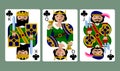 Clubs suit playing cards of King, Queen and Jack in funny modern flat style Royalty Free Stock Photo