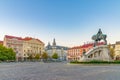 Cluj-Napoca city center. View from the Unirii Square to the Rhedey Palace, Matthias Corvinus Monument and New York Hotel at Royalty Free Stock Photo