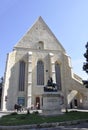 Cluj-Napoca RO, September 23th: St George Statue front of Reformed Church in Cluj-Napoca from Transylvania region in Romania