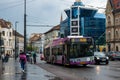 CLUJ-NAPOKA, ROMANIA - April 27, 2022. Trolleybus Solaris Trollino 18 #339 riding with passengers in the streets of Cluj-Napoka.