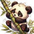 A clumaily and chubby panda cub, climbs a bamboo stalk in a cute face, its ears flopping with every frustated bounce, cartoon Royalty Free Stock Photo