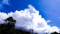 Clumps of white clouds adorn the blue sky