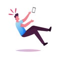 Clumsiness Concept. Male Character with Smartphone in Hand Slipping and Falling on Wet Floor Puddle, Dangerous Trauma Royalty Free Stock Photo