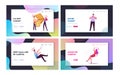 Clumsiness Landing Page Template Set. Awkward or Clumsy Male, Female Characters Falling on Floor, Slap Clothes with Food Royalty Free Stock Photo
