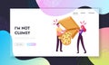 Clumsiness Landing Page Template. Tiny Male and Female Characters Drop Huge Takeaway Box with Delivered Pizza Fall Down Royalty Free Stock Photo