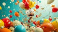 A clumsy cartoon character accidentally releases their g balloon bouquet causing chaos as the balloons soar away and get