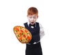 Clumsy little waiter drops tray serving pizza Royalty Free Stock Photo