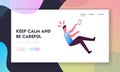 Clumsy Person Slip Landing Page Template. Clumsiness Concept. Man Character with Smartphone in Hand Slipping and Falling Royalty Free Stock Photo