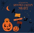 Halloween night party invitation or greeting card with wooden tablets or pointer with warning signs. Jack-o-lanterns