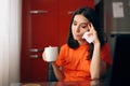 Clumsy Woman Drinking Coffee Staining Her Shirt Royalty Free Stock Photo