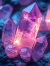 A cluster of amethyst crystals with internal light glowing on a dark textured rocky surface close up view Royalty Free Stock Photo