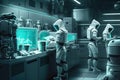 cluster of androids, each performing different task in futuristic laboratory