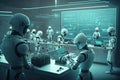 cluster of androids, each performing different task in futuristic laboratory