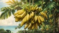 A cluster of bananas hanging from a tree, the leaves rustling in the breeze, capturing the essence of tropical paradise.