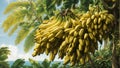 A cluster of bananas hanging from a tree, the leaves rustling in the breeze, capturing the essence of tropical paradise.