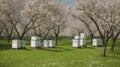 A cluster of beehives in a blooming village orchard.