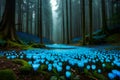 A cluster of bioluminescent mushrooms lighting up a dark, ancient forest with an otherworldly glow