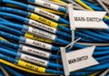 A cluster of blue and yellow network cables labeled with tags including \