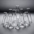 A cluster of clear glass Erlenmeyer flasks arranged on a smooth, light-gray surface. Royalty Free Stock Photo