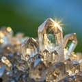 Cluster of clear quartz crystals (SiO2) reflecting sunlight, creating a sparkling effect.