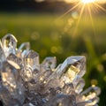 Cluster of clear quartz crystals (SiO2) with sharp, pointed structures, reflecting
