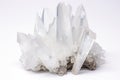 cluster of clear quartz crystals on a white backdrop