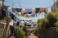 cluster of clotheslines, each with its own unique collection of clothing